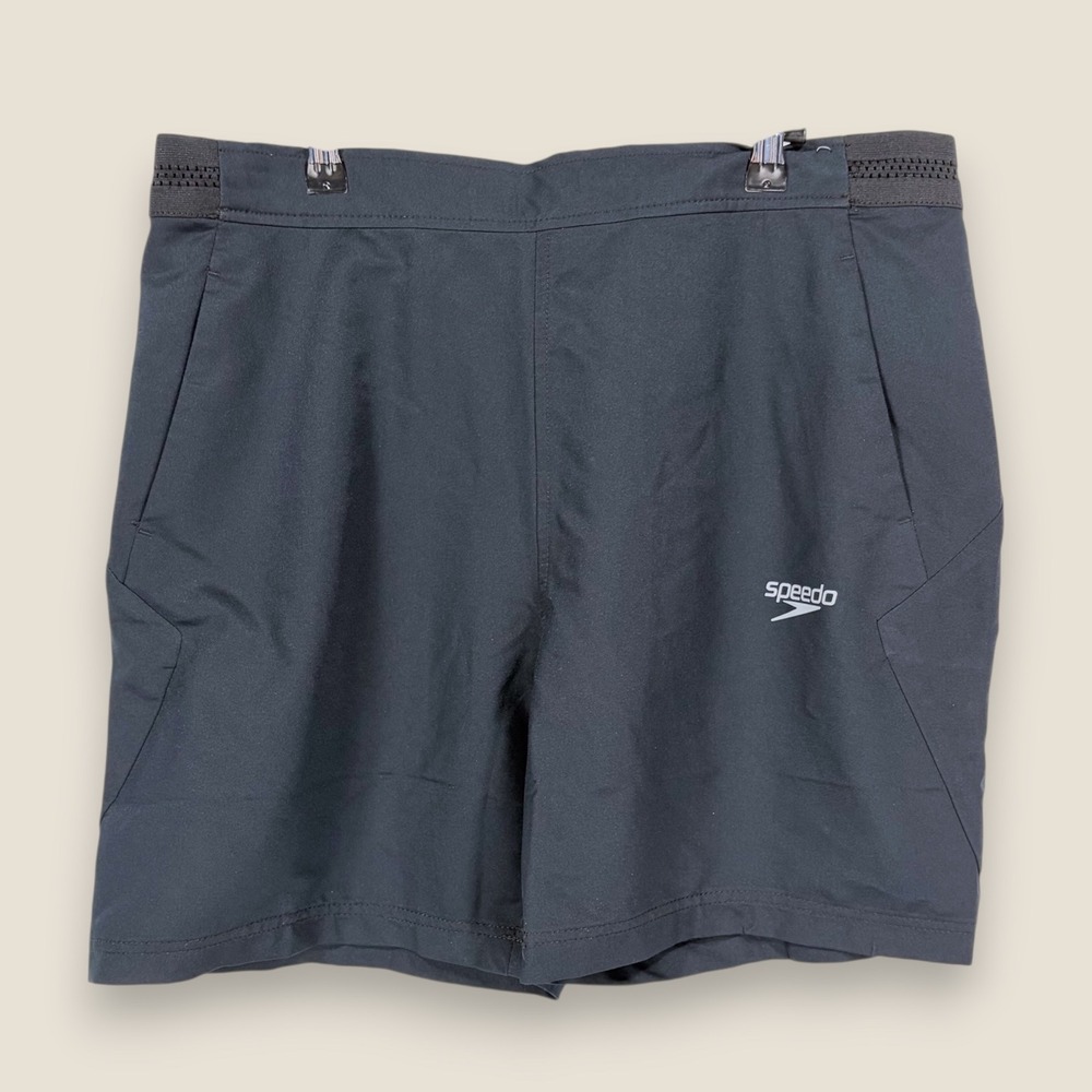 Speedo Male Woven Team Shorts Swim Trunks Men Large Black Elastic Waist Athletic